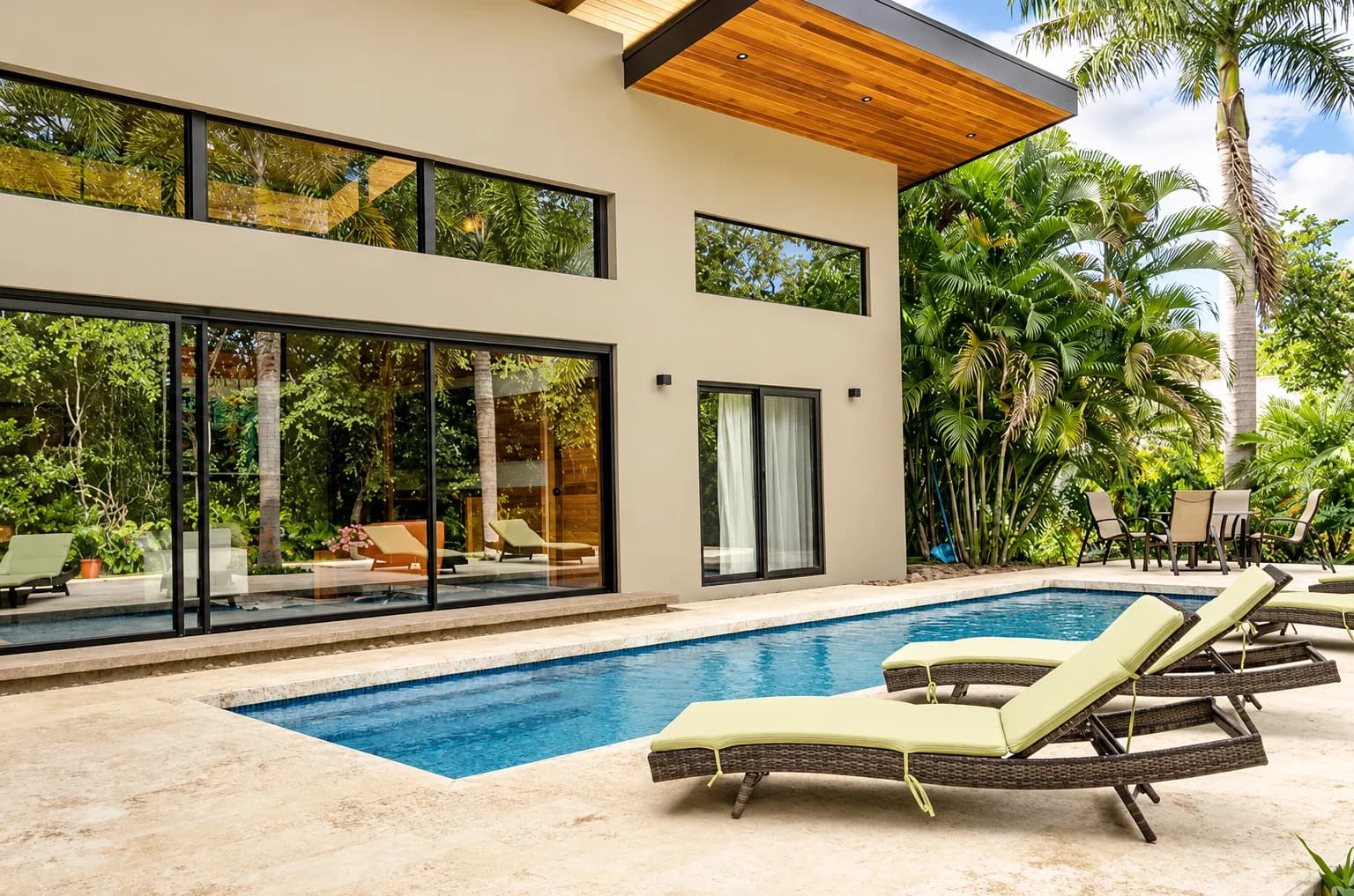 The pool and loungers seen through the open glass wall